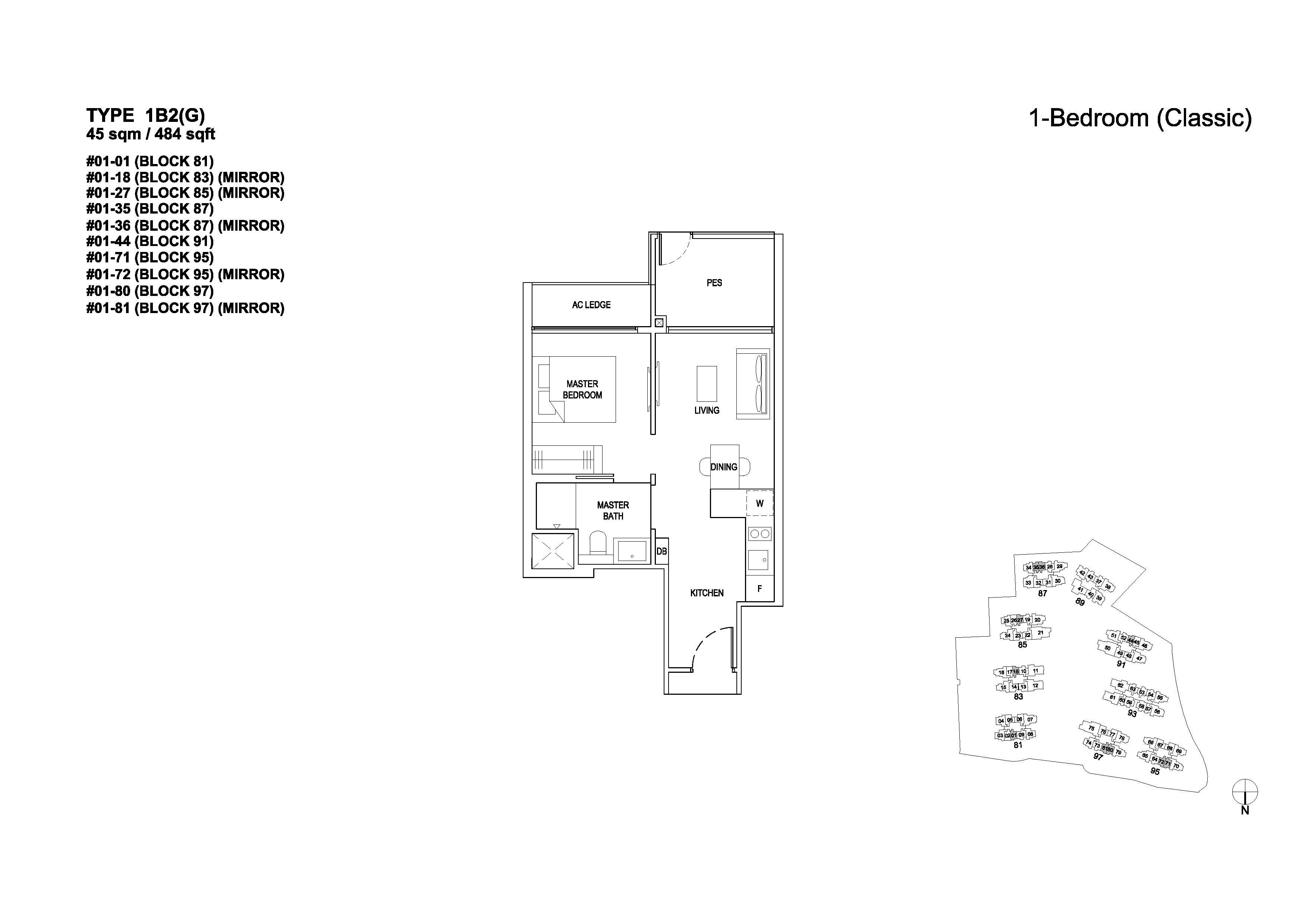 The Florence Residences 1 Bedroom Classic Type 1B2(G) Floor Plans