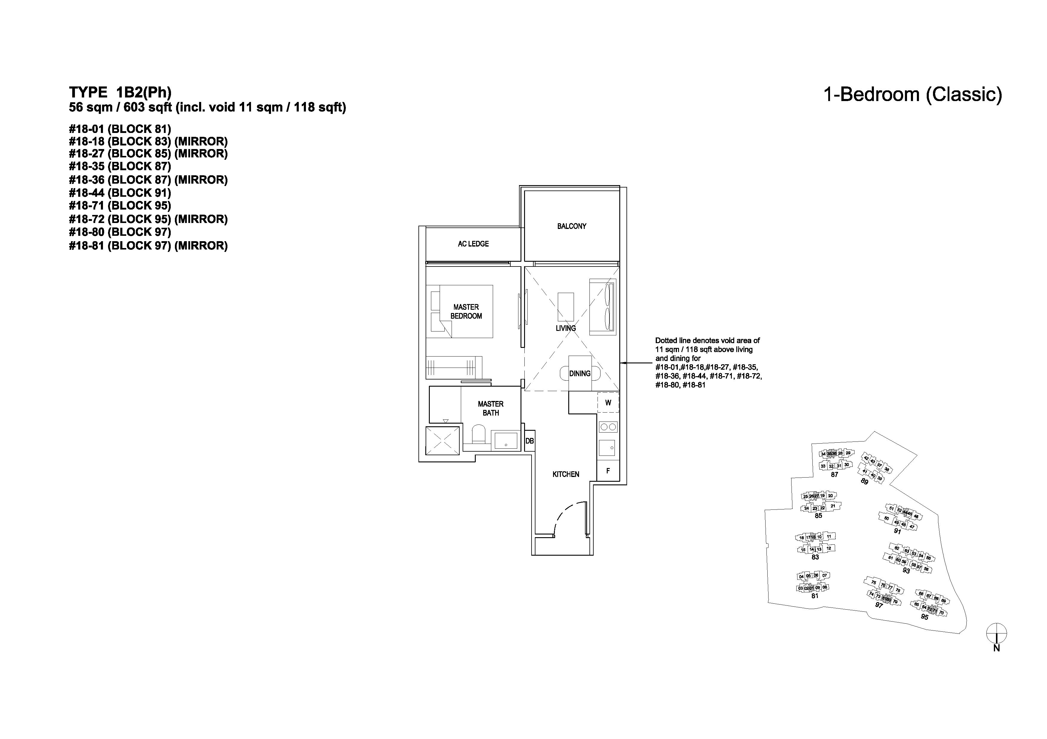 The Florence Residences 1 Bedroom Classic Type 1B2(Ph) Floor Plans